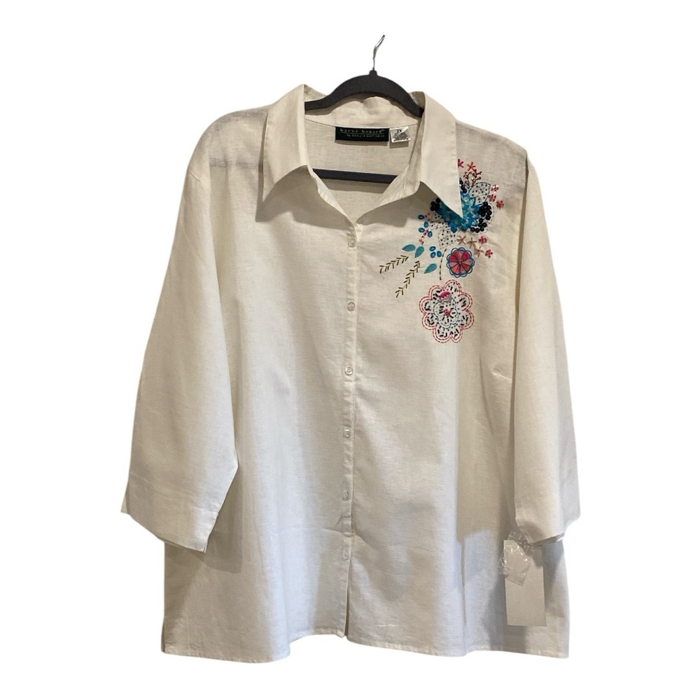 Harve Benard White Embroidered Beaded Linen Button Down Collared Shirt - NWT 2X